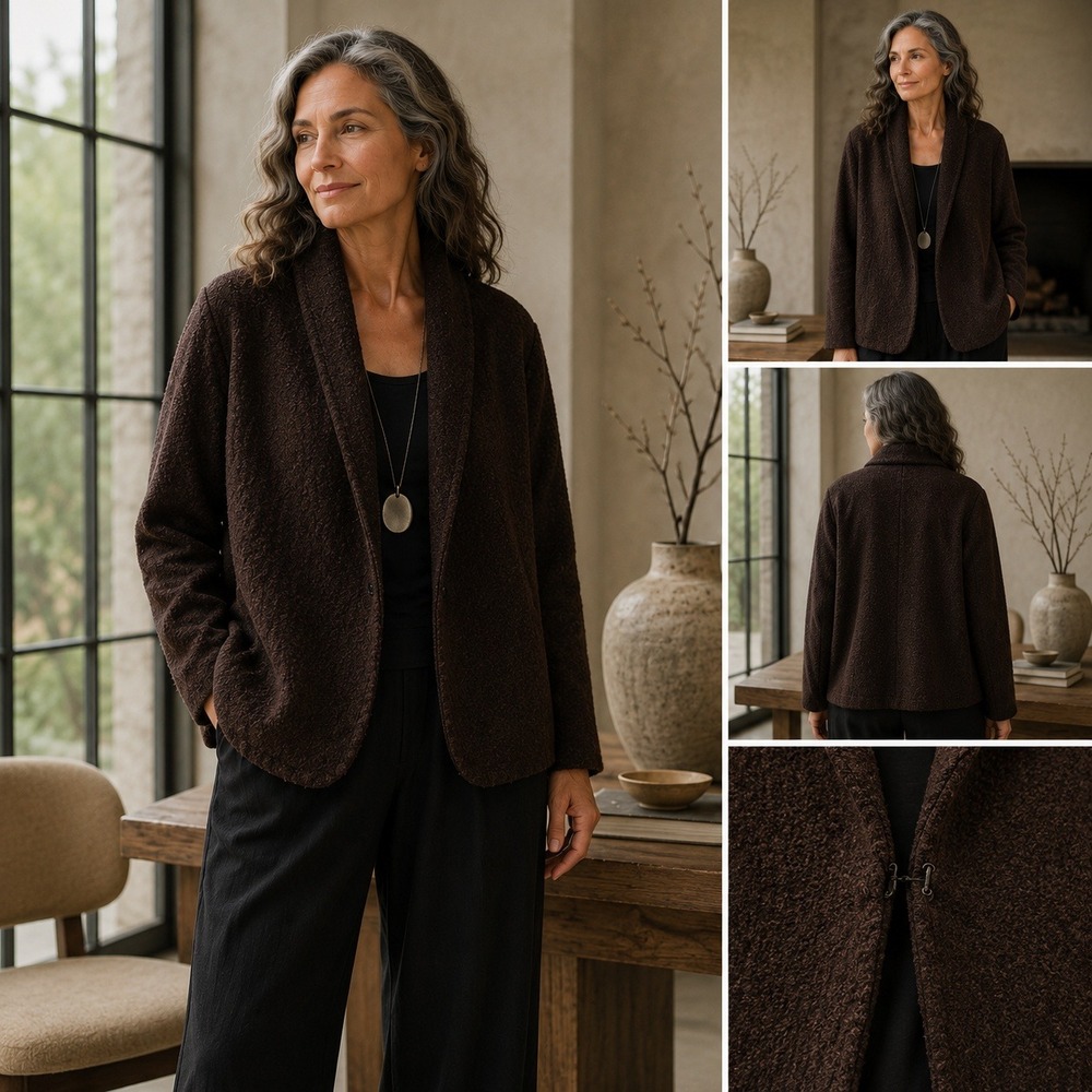 Eileen Fisher Boiled Wool Jacket Brown Shawl Collar Textured Women L